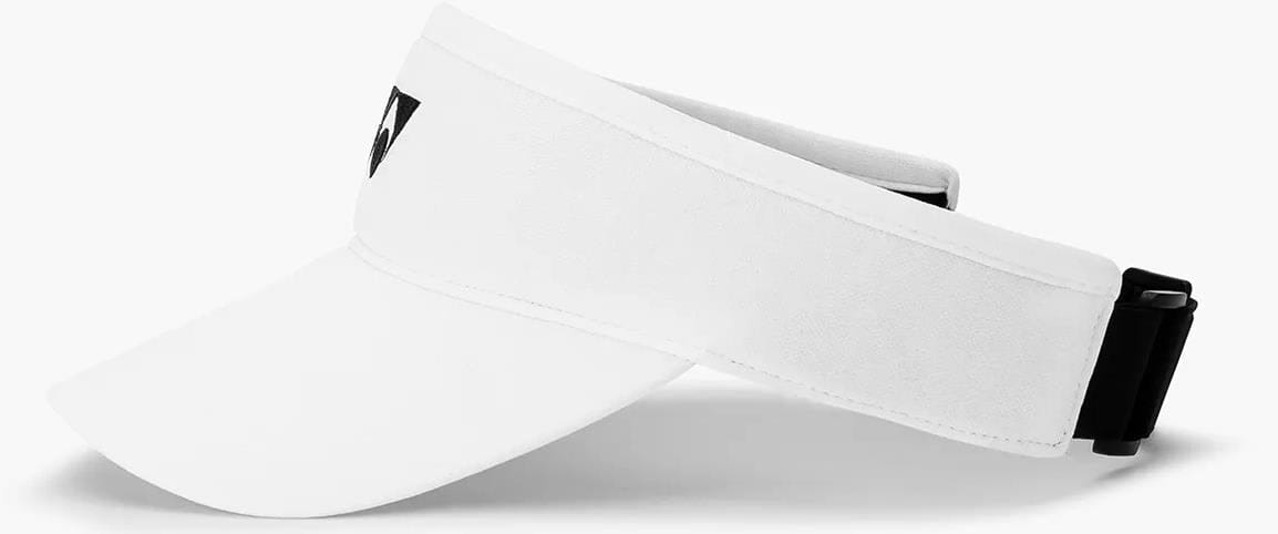 The Yonex 40126EX Tennis Visor - White features a curved brim, adjustable strap, and a small black and white Yonex logo on the front left side. This breathable visor is shown against a white background.