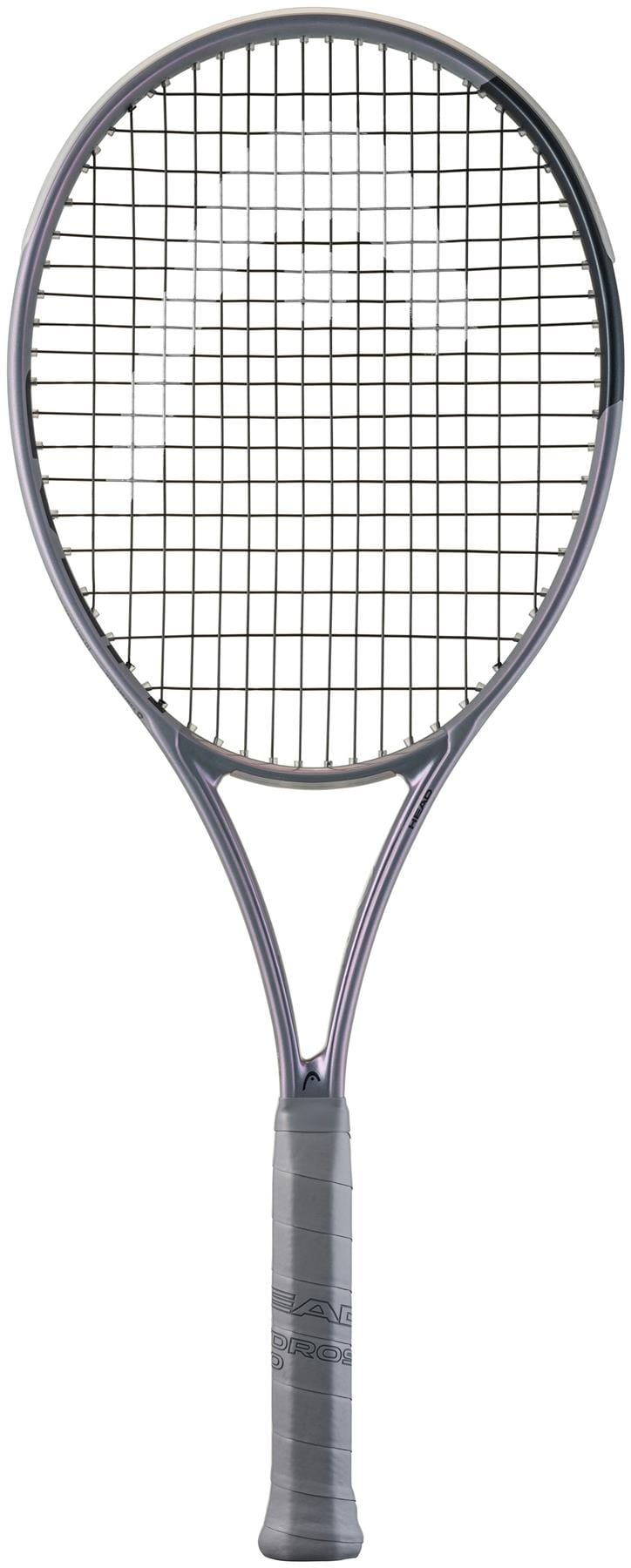 A HEAD Squared Tennis Racket by HEAD with a black frame, black strings, grey grip, and dual-tube technology stands vertically on a white background.