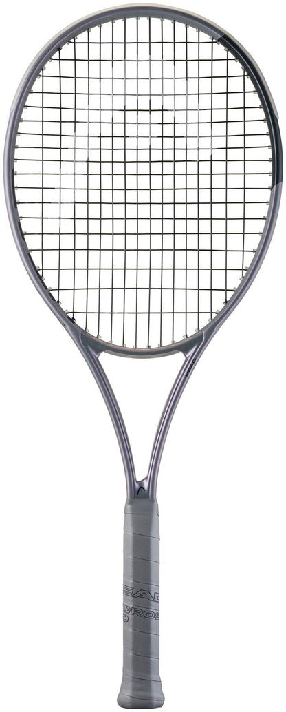 A HEAD Squared Tennis Racket by HEAD with a black frame, black strings, grey grip, and dual-tube technology stands vertically on a white background.