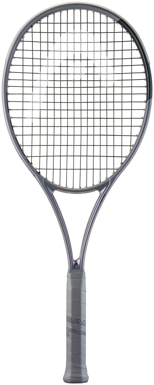A HEAD Squared Tennis Racket by HEAD with a black frame, black strings, grey grip, and dual-tube technology stands vertically on a white background.