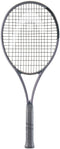 A HEAD Squared Tennis Racket by HEAD with a black frame, black strings, grey grip, and dual-tube technology stands vertically on a white background.
