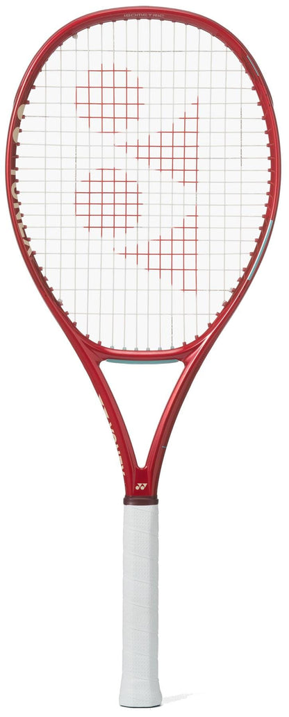 The Yonex 08 VCORE 100L 2026 Tennis Racket in Ruby Red stands upright against a white background, showcasing its white grip and strings with a red logo pattern—engineered by Yonex for impressive spin potential.