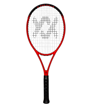 The Volkl Vostra V8 300g Tennis Racket features a red and black design with a black grip and stylized "V" and "K" logo, delivering comfort and performance for an arm-friendly game.