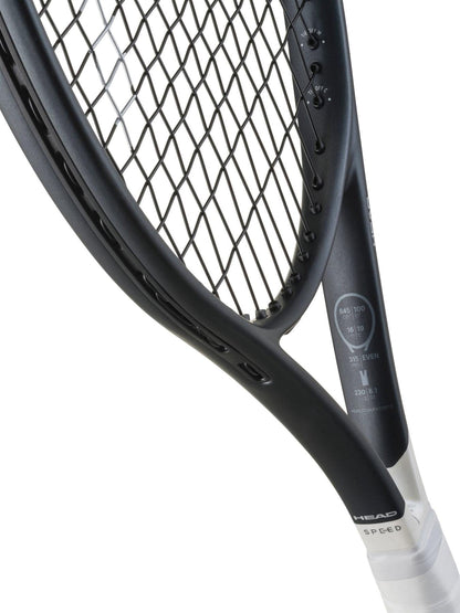 Close-up of a HEAD Speed Junior 25 2026 Tennis Racket head, highlighting the strings, part of the frame, and specifications printed inside. The HEAD junior racket is positioned diagonally against a white background.