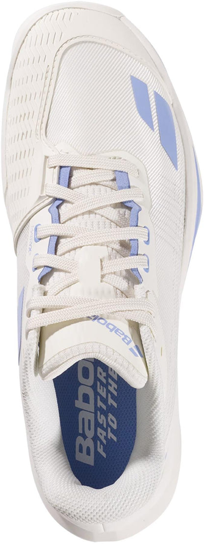 Top view of the Babolat Jet Mach 4 All Court Women's Tennis Shoes in lavender and white, featuring white laces, textured toe area, light blue logo accents, and "Babolat FASTER TO THE" on the navy insole—designed for agility.