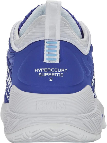 Rear view of the K-Swiss Hypercourt Supreme 2 Men’s Tennis Shoes in Dazzling Blue/White/Baltic Sea, featuring "HYPERCOURT SUPREME 2" on the heel, a striped pull tab, and subtle "K-SWISS" branding on the white sole.