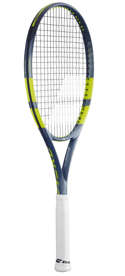 A Babolat Pure Aero Team 2026 Tennis Racket by Babolat, featuring a white grip, blue and yellow aerodynamic frame, and black strings, is displayed against a plain white background.