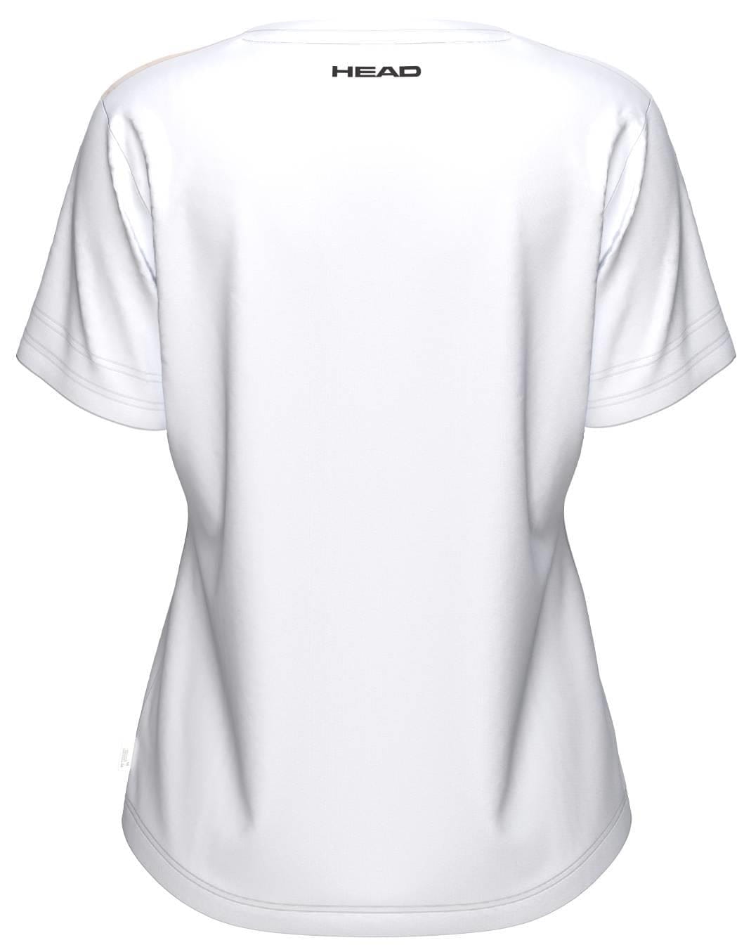 The HEAD Tie-Break II Women's Tennis T-Shirt - APXW, shown from the back in plain white with "HEAD" printed in black near the neckline, is perfect for tennis thanks to its sleek design and moisture-wicking comfort.