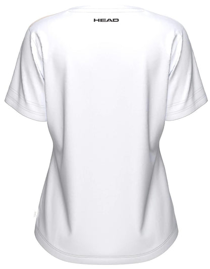 The HEAD Tie-Break II Women's Tennis T-Shirt - APXW, shown from the back in plain white with "HEAD" printed in black near the neckline, is perfect for tennis thanks to its sleek design and moisture-wicking comfort.