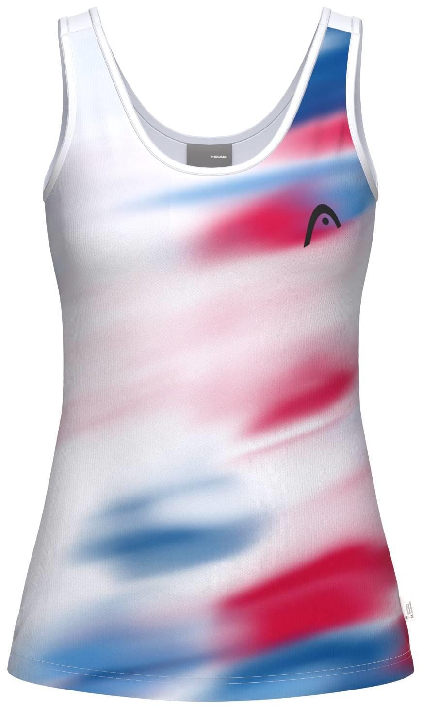 The HEAD Blur Women's Tennis Tank Top - ROXU is sleeveless with a scoop neck, red, white, and blue gradient pattern, black logo on the left chest, and moisture-wicking fabric for comfort.