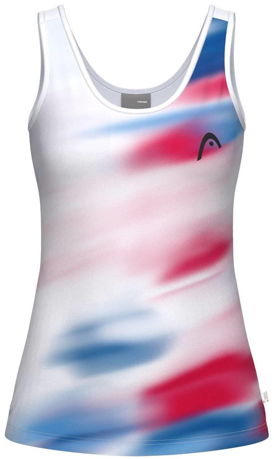The HEAD Blur Women's Tennis Tank Top - ROXU is sleeveless with a scoop neck, red, white, and blue gradient pattern, black logo on the left chest, and moisture-wicking fabric for comfort.