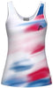 The HEAD Blur Women's Tennis Tank Top - ROXU is sleeveless with a scoop neck, red, white, and blue gradient pattern, black logo on the left chest, and moisture-wicking fabric for comfort.