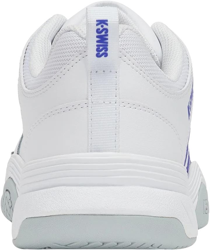Rear view of K-Swiss Court Express 2 Men's Tennis Shoes in white with a light gray sole and Dazzling Blue branding. Features a textured midsole and padded collar for superior comfort on the court.