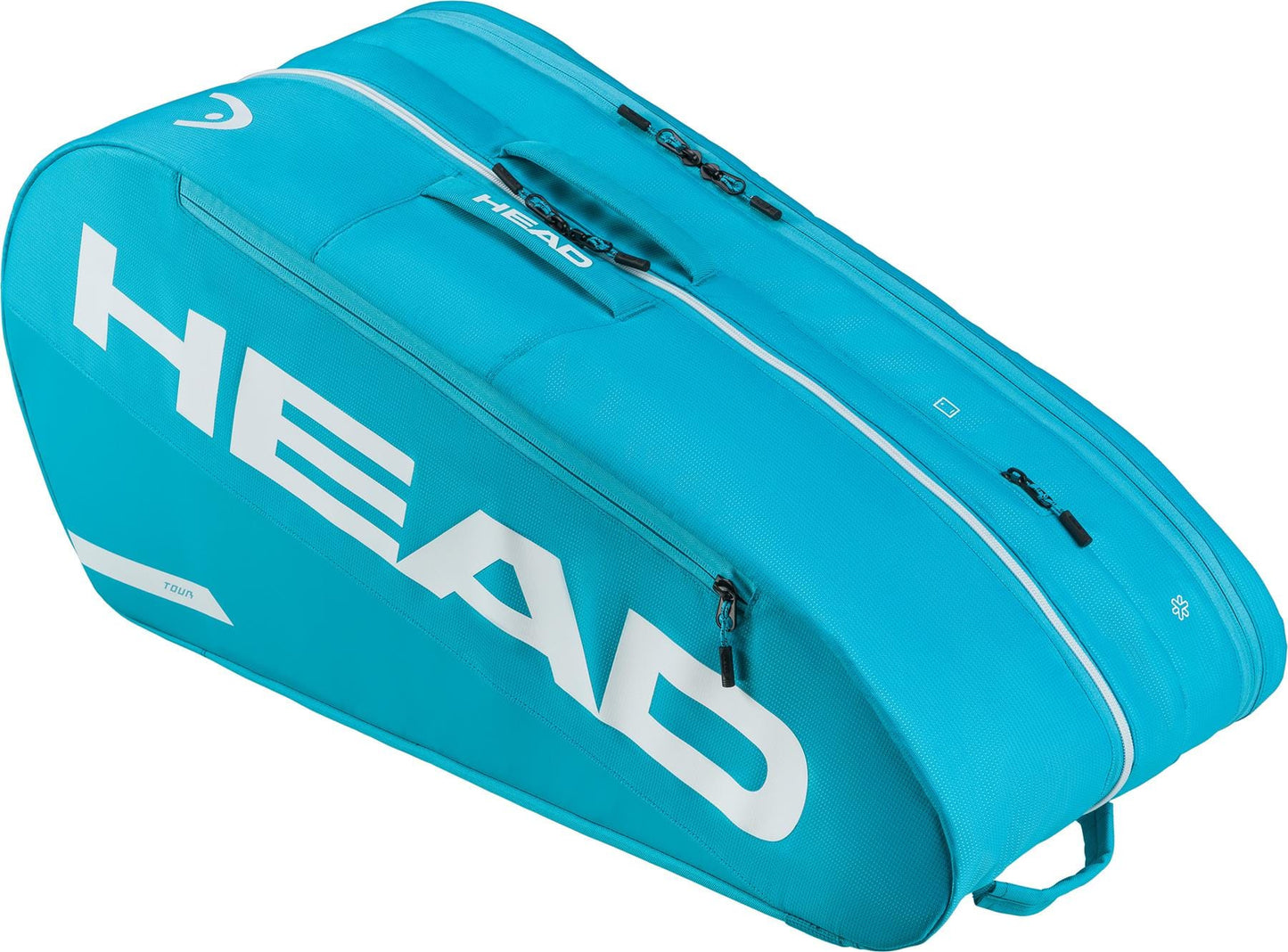 The HEAD Tour 9 Racket Tennis Bag L - Blue features two zippered compartments with CCT+ climate control, a white logo, and a side handle—ideal for carrying your tennis rackets and gear.