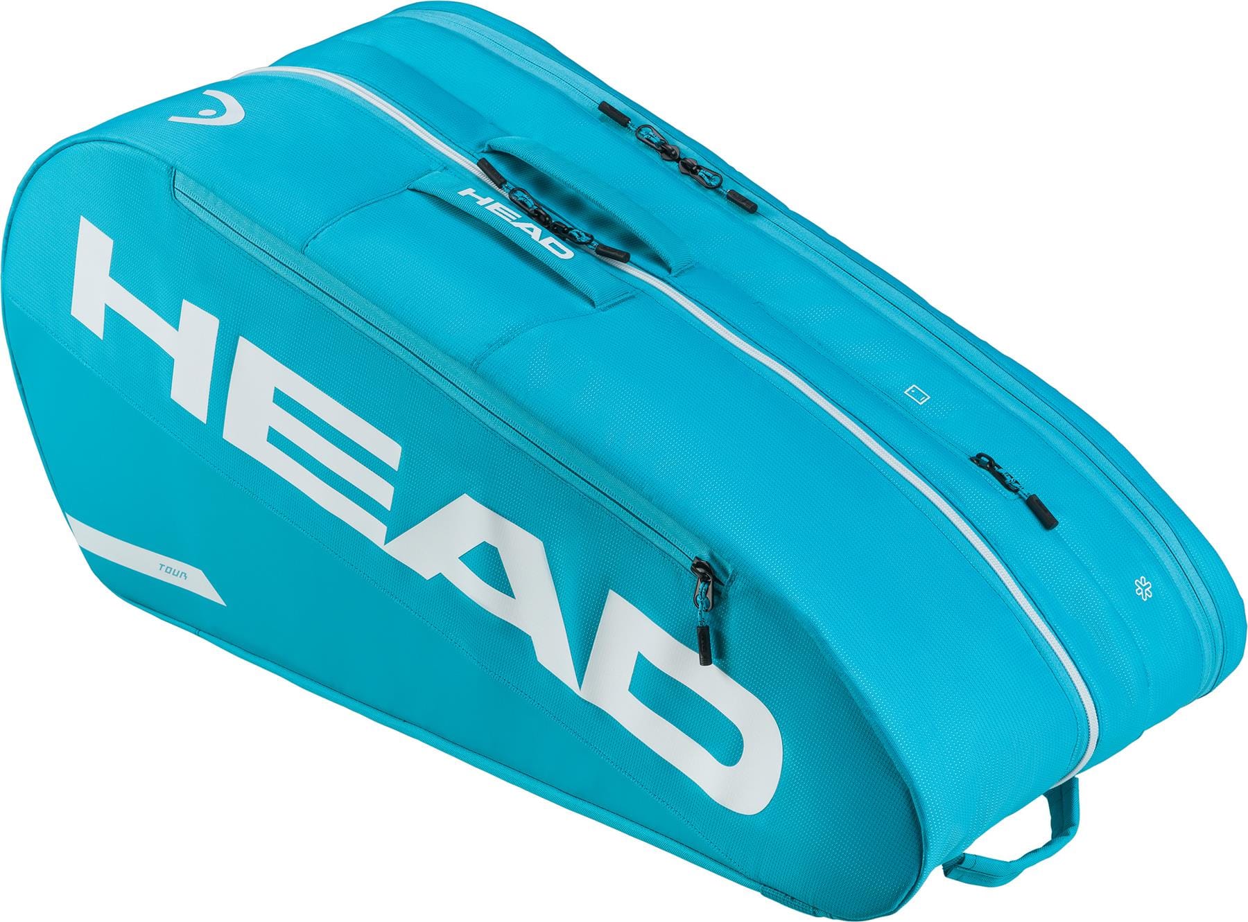 The HEAD Tour 9 Racket Tennis Bag L - Blue features two zippered compartments with CCT+ climate control, a white logo, and a side handle—ideal for carrying your tennis rackets and gear.