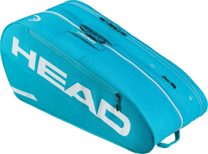 The HEAD Tour 9 Racket Tennis Bag L - Blue features two zippered compartments with CCT+ climate control, a white logo, and a side handle—ideal for carrying your tennis rackets and gear.