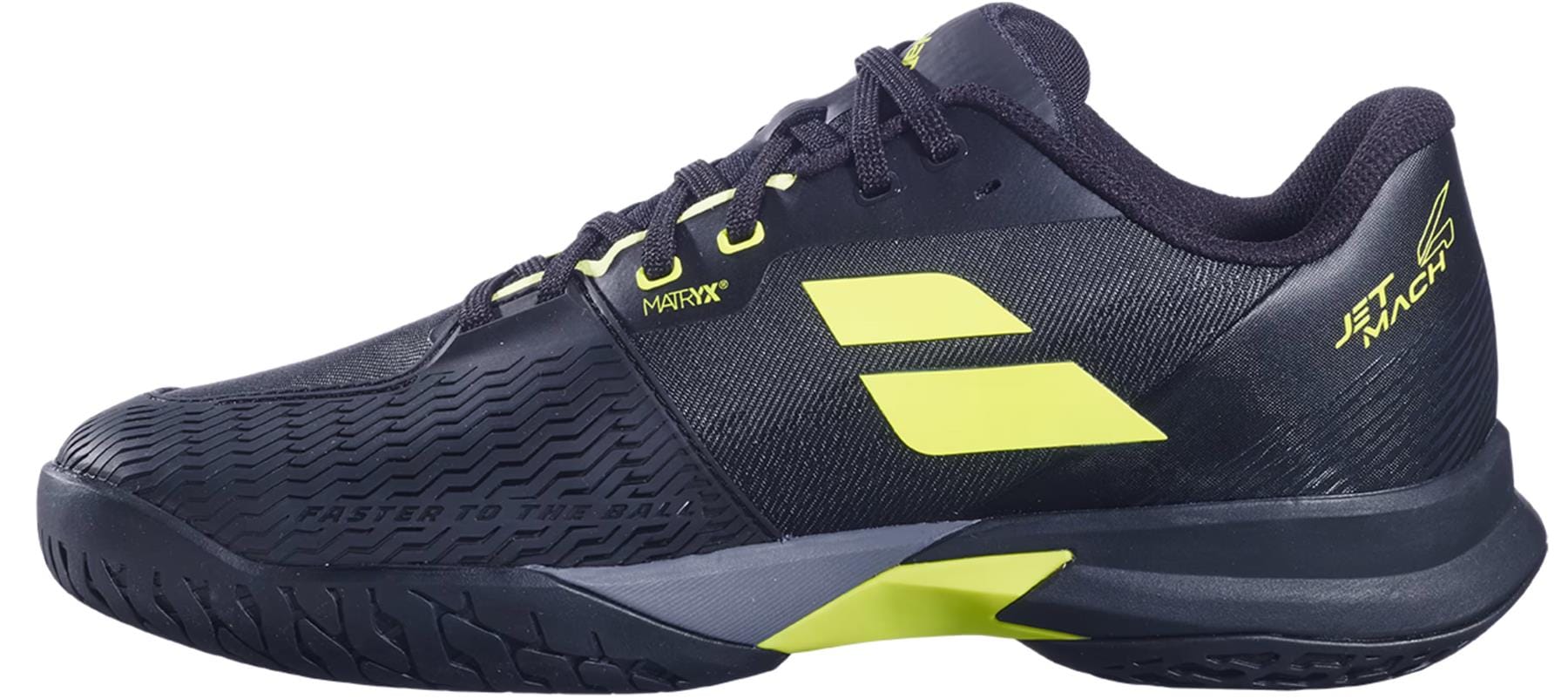 The Babolat Jet Mach 4 All Court Men's Tennis Shoes in Black/Aero feature bright yellow accents, a textured sole for agility, "MATRIX" above two yellow stripes, and a winged heel logo, inspired by the original Babolat design.