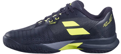 The Babolat Jet Mach 4 All Court Men's Tennis Shoes in Black/Aero feature bright yellow accents, a textured sole for agility, "MATRIX" above two yellow stripes, and a winged heel logo, inspired by the original Babolat design.
