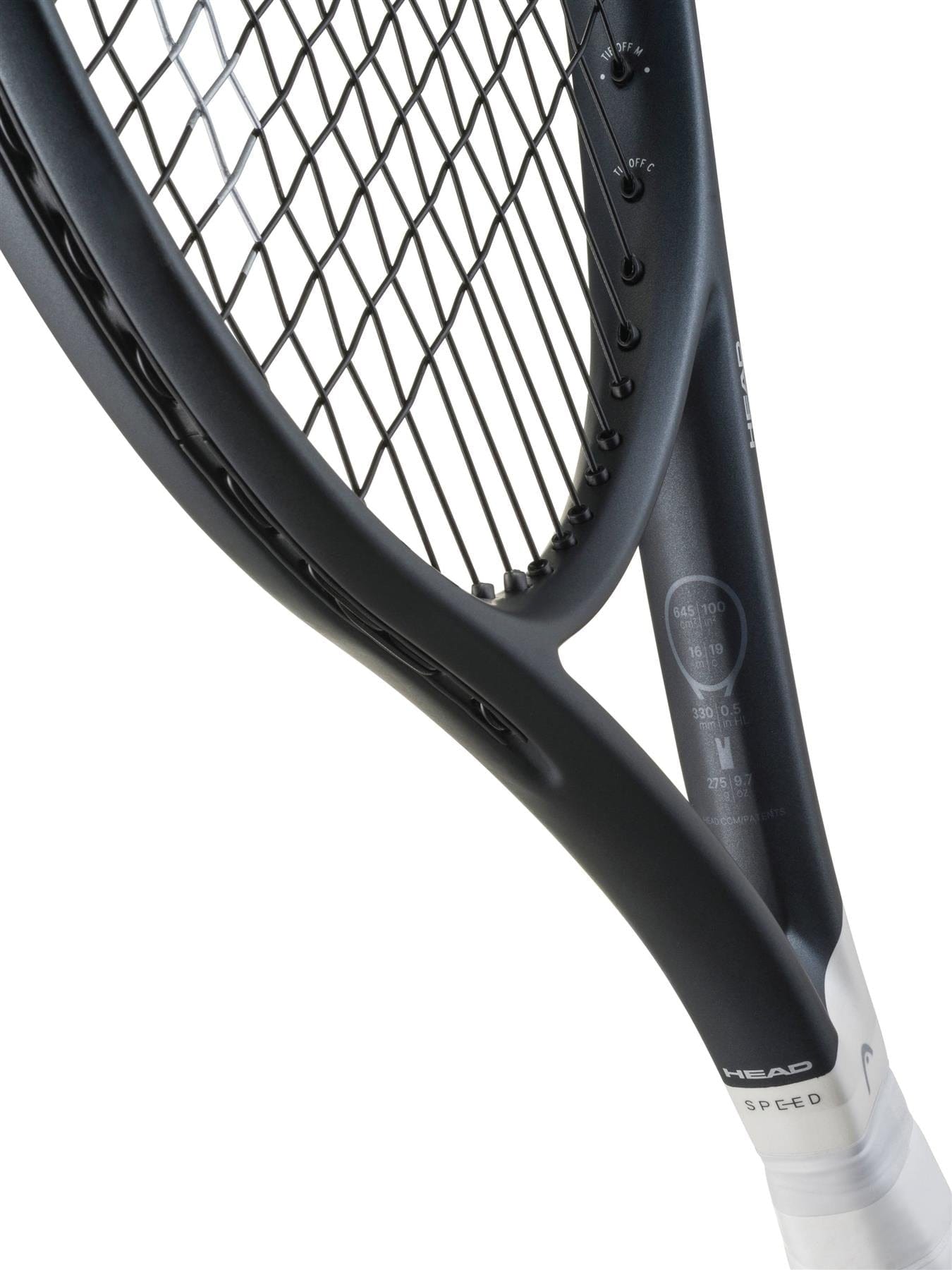 Close-up of the HEAD Speed Elite 2026 Tennis Racket, showing detailed strings, frame design, and inner specs. The partially visible handle with plastic wrap makes it ideal for performance-focused tennis players seeking quality from HEAD.