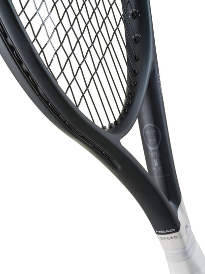 Close-up of the HEAD Speed Elite 2026 Tennis Racket, showing detailed strings, frame design, and inner specs. The partially visible handle with plastic wrap makes it ideal for performance-focused tennis players seeking quality from HEAD.