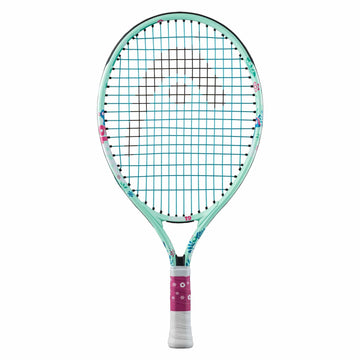 The HEAD Coco 19 Junior Tennis Racket - Mint, inspired by Coco Gauff, showcases a teal and white frame with a floral design and is complemented by a pink grip. Its wider head features the Head logo on the strings and includes a Damp+ insert for improved playability.