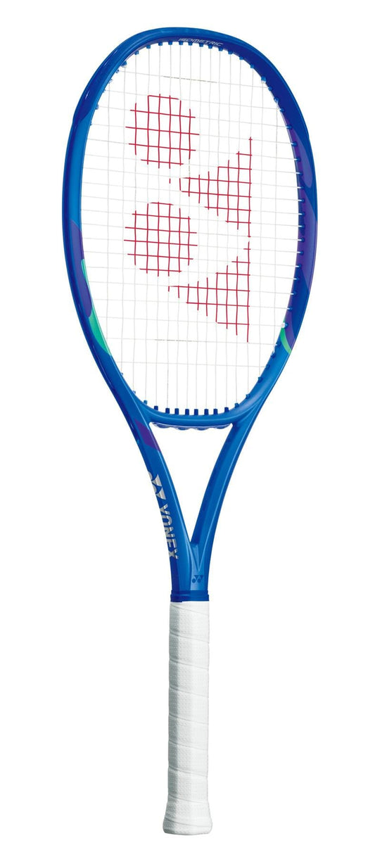 The Yonex EZONE 98 2025 Tour Tennis Racket in Blast Blue features white strings, red string pattern markings, and a white grip. Designed for pros, it incorporates 2G-Namd Speed technology to enhance court performance.