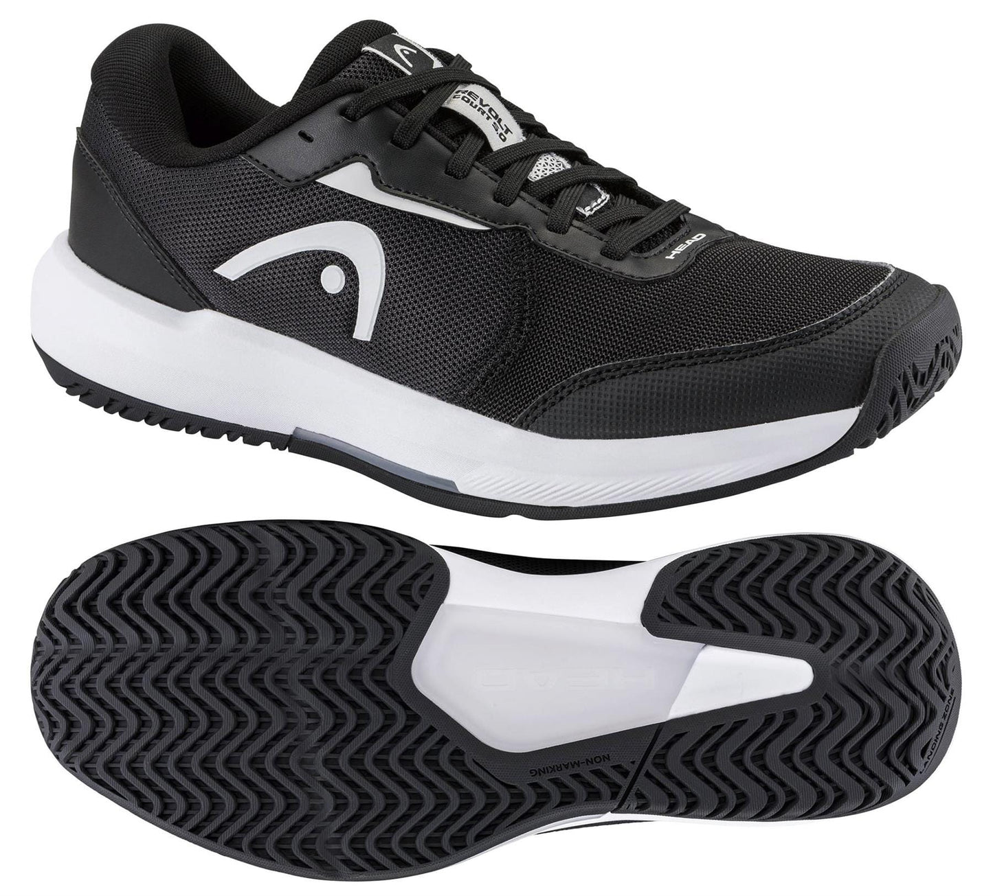 The HEAD Revolt Court 5.0 Men’s Tennis Shoes in Black/White by HEAD are shown from side and bottom views, featuring textured soles and logo details—ideal comfortable tennis shoes for your next match.