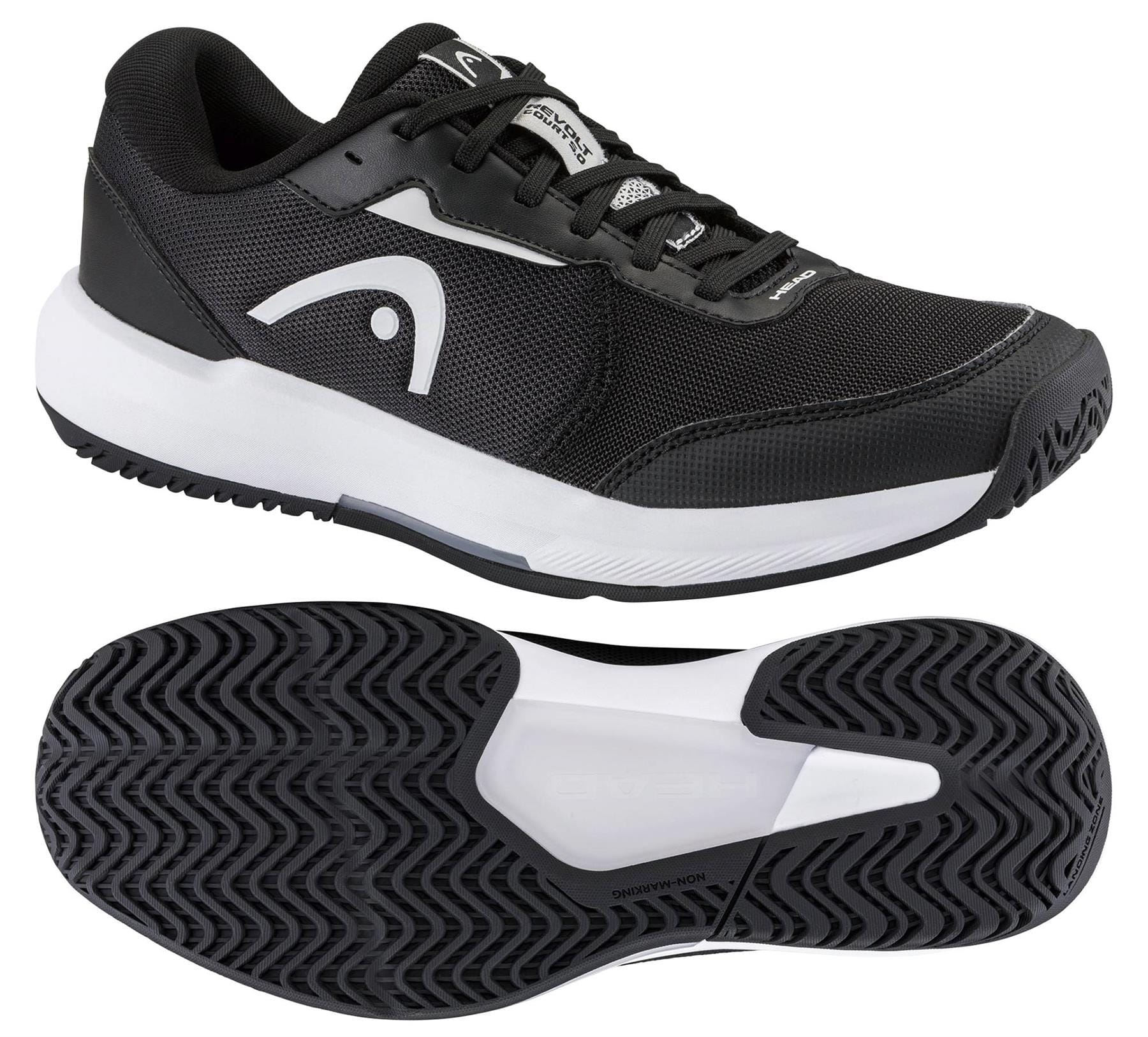 The HEAD Revolt Court 5.0 Men’s Tennis Shoes in Black/White by HEAD are shown from side and bottom views, featuring textured soles and logo details—ideal comfortable tennis shoes for your next match.
