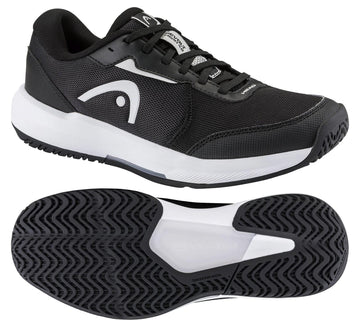 The HEAD Revolt Court 5.0 Men’s Tennis Shoes in Black/White by HEAD are shown from side and bottom views, featuring textured soles and logo details—ideal comfortable tennis shoes for your next match.
