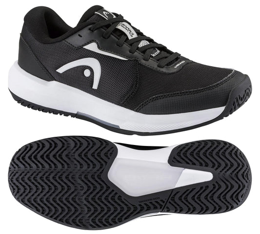 The HEAD Revolt Court 5.0 Men’s Tennis Shoes in Black/White by HEAD are shown from side and bottom views, featuring textured soles and logo details—ideal comfortable tennis shoes for your next match.