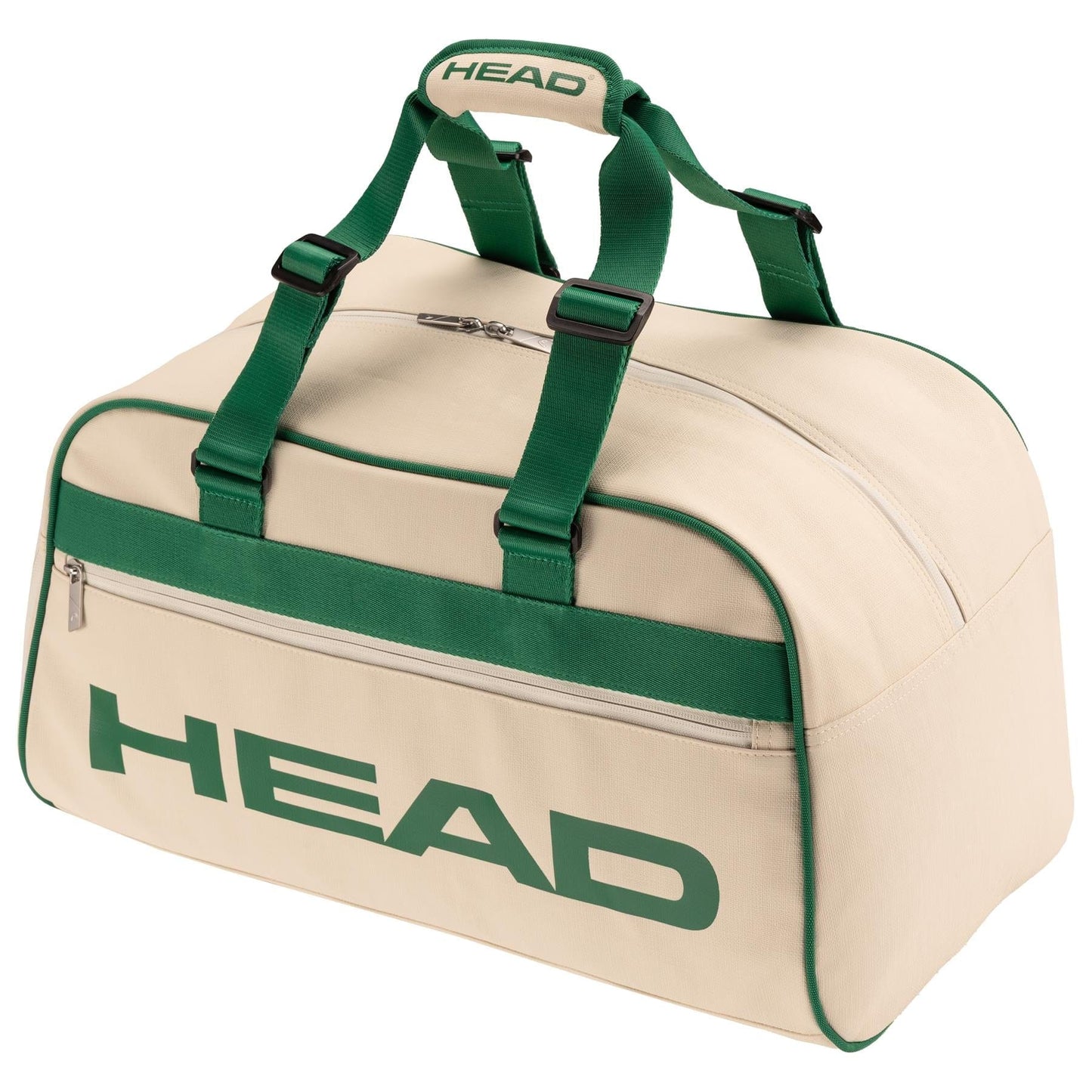 The HEAD Arthur Ashe Tennis Court Bag 40L in white and green features green handles, trim, a bold HEAD logo on the side, premium PU leather construction, and a front zipper pocket.