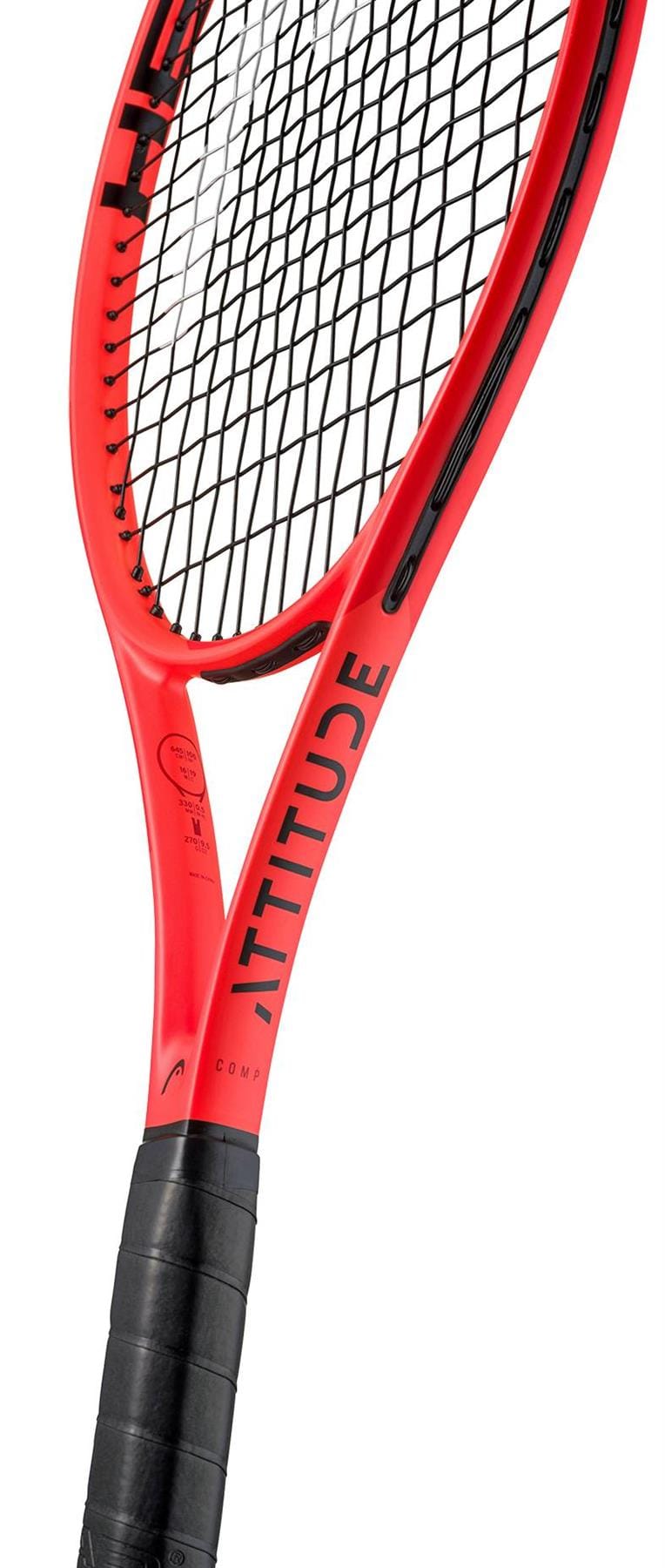 A close-up of the HEAD MX Attitude COMP Tennis Racket by HEAD, a lightweight racket for beginners, showing the "ATTITUDE" logo, detailed strings, and black grip handle on a white background.