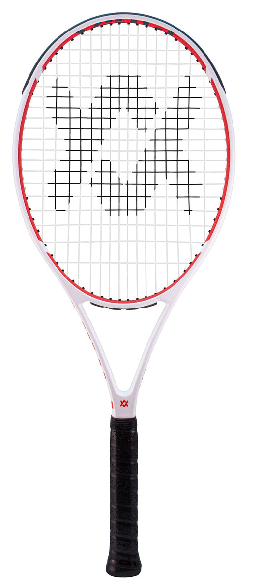 The Volkl V-Cell 6 Tennis Racket - White / Red (Frame Only) is a high-performance racket from Volkl, featuring a striking white and red frame. Designed for top-tier playability, its handle is wrapped in black grip tape to ensure both comfort and control. This lightweight tennis racket effortlessly enhances your game.