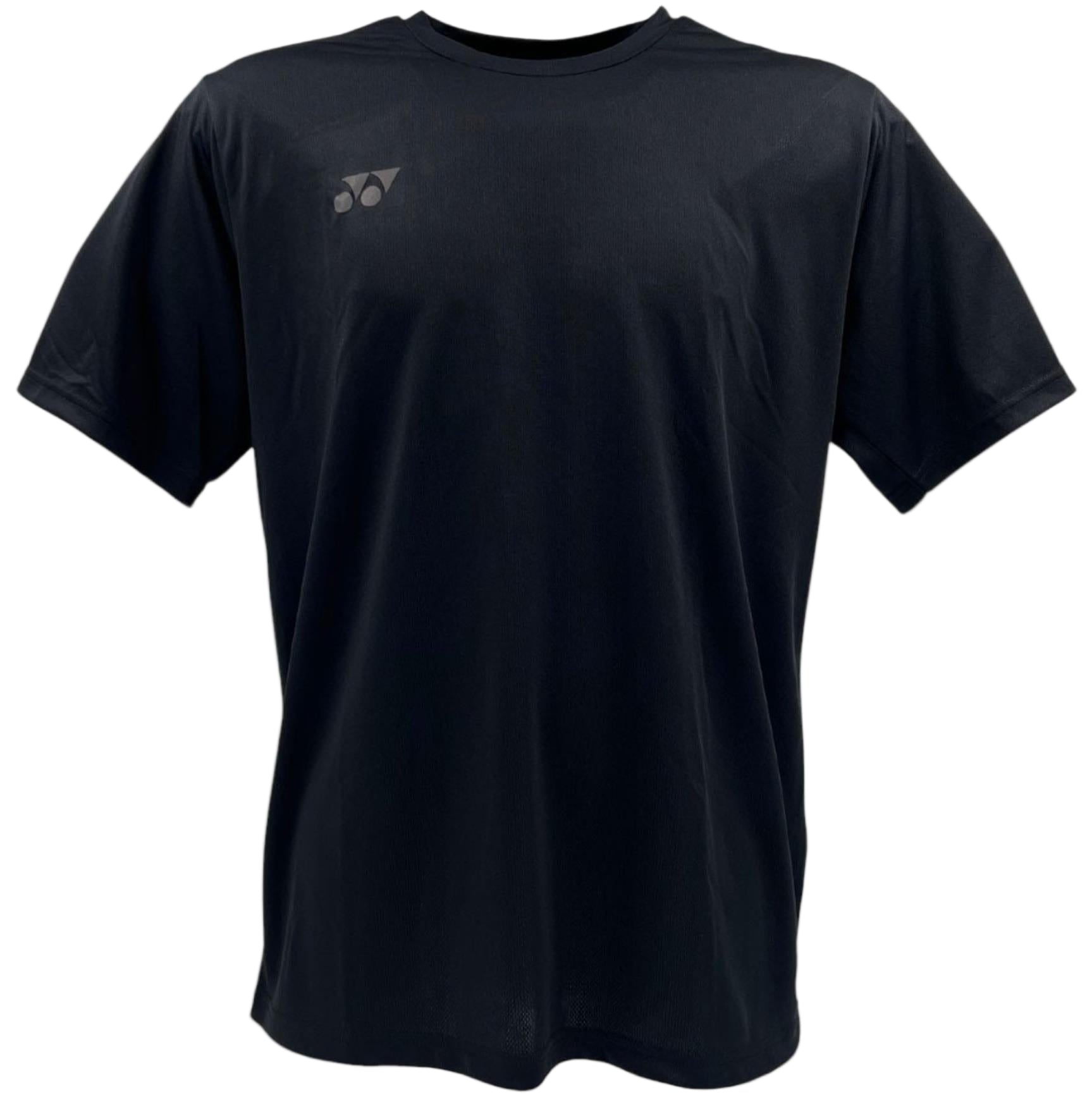 The Yonex YTM9 Unisex Tennis T-Shirt in black features a small white logo on the left chest. Lightweight and breathable, this Yonex shirt is ideal for staying cool both on and off the court.