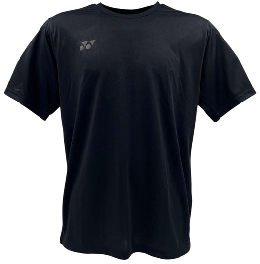 The Yonex YTM9 Unisex Tennis T-Shirt in black features a small white logo on the left chest. Lightweight and breathable, this Yonex shirt is ideal for staying cool both on and off the court.