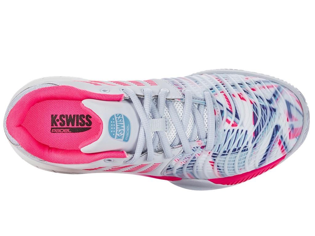 A close-up of the K-Swiss Express Light 3 HB Indoor Court Women's Tennis Shoes in Arctic, White, and Neon Pink showcases its sleek design, perfect for tennis players seeking optimal performance on the court.