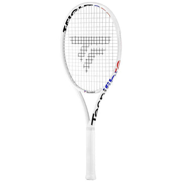 The Tecnifibre T-Fight 255 Isoflex Tennis Racket in white showcases a black and red logo on the strings and features Isoflex technology. The frame highlights an RS Section design with black and red accents, while the brand name "Tecnifibre" is elegantly printed along the side. The grip maintains a classic white appearance.