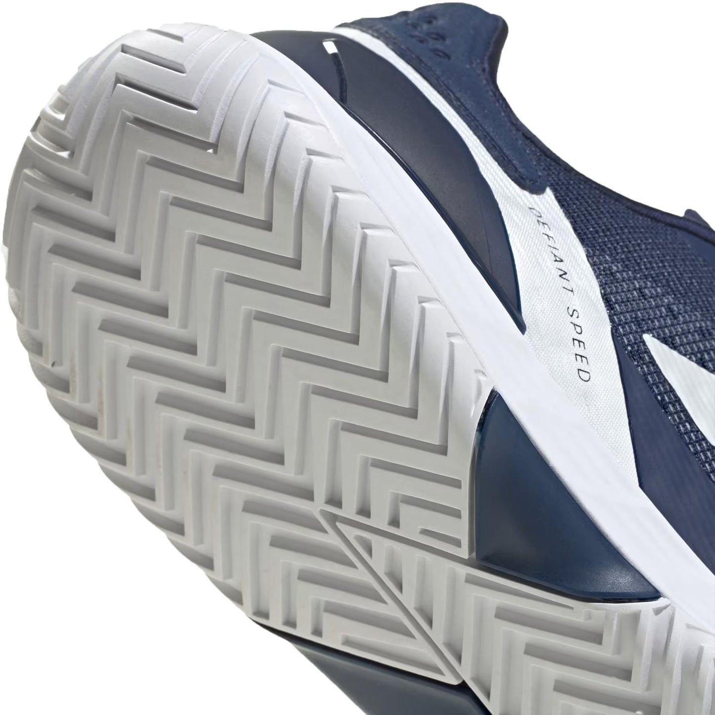 Close-up of the adidas Defiant Speed 2 Men's Tennis Shoes in Dark Blue/Zero Metallic/Cloud White, highlighting the zigzag tread pattern on the sole and "DEFIANT SPEED" printed on the side—ideal lightweight tennis footwear.
