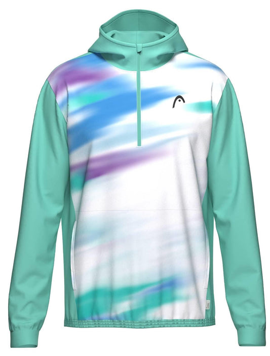 The HEAD Topspin Mens Tennis Hoodie - TQXU by HEAD features turquoise sleeves and hood, a white front with abstract blue, purple, and aqua streaks, moisture-wicking microfibre, and a small black left-chest logo—perfect for men's sportswear.