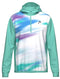 The HEAD Topspin Mens Tennis Hoodie - TQXU by HEAD features turquoise sleeves and hood, a white front with abstract blue, purple, and aqua streaks, moisture-wicking microfibre, and a small black left-chest logo—perfect for men's sportswear.