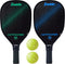 The Franklin Activator 2-Player Pickleball Set by Franklin is shown with two black, USA Pickleball Approved paddles—one with green and one with blue accents—displayed above two yellow perforated pickleballs.