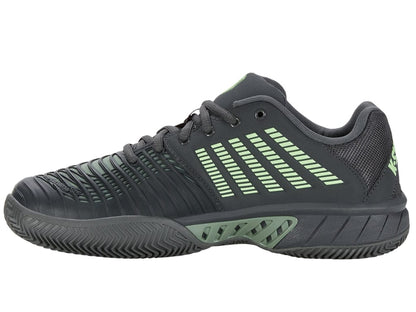 Introducing the K-Swiss Express Light 3 HB Men's Tennis Shoes – Sea Spray / Urban Chic / Soft Neon Green. These shoes feature a dark gray base with stylish green accents on the side and heel, crafted for excellent on-court performance. Equipped with a textured sole designed for clay court traction and complemented by black laces, the shoe's design is finished with angled lines and logos for a sleek, fashionable look.