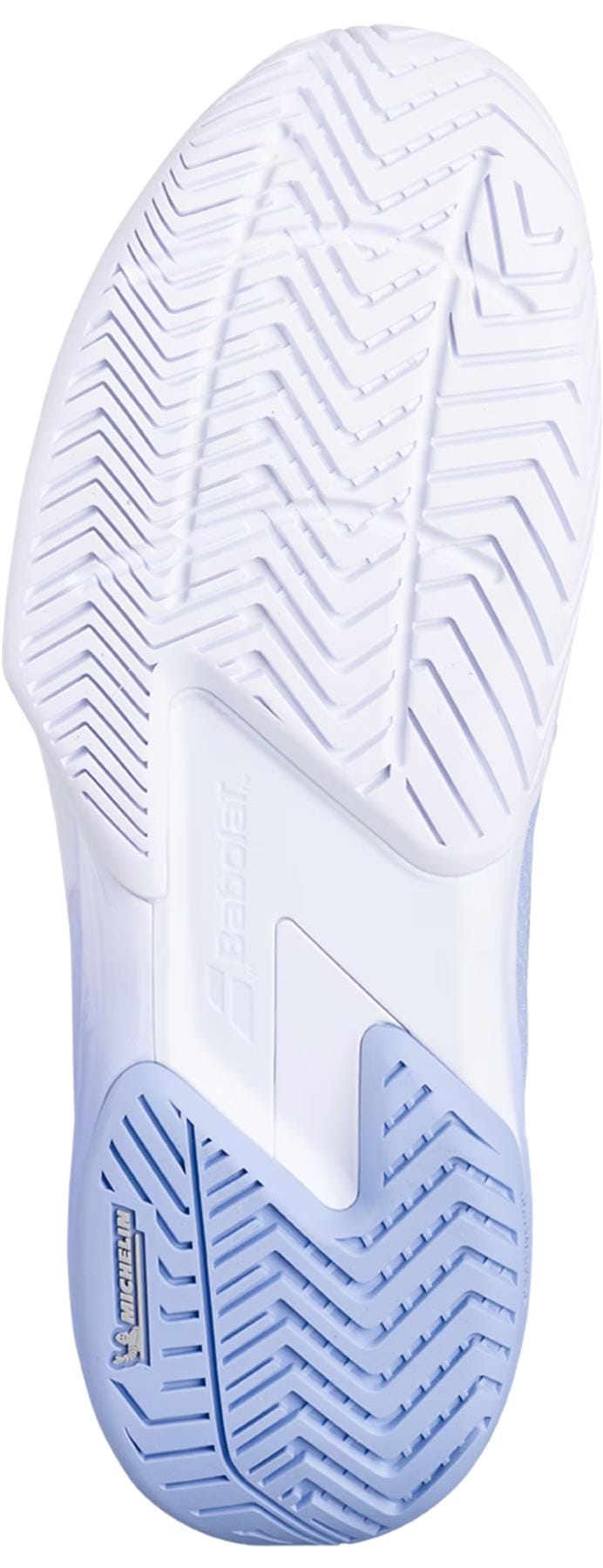 Close-up of the Babolat SFX 4 All Court Womens Tennis Shoes - Forever Blue outsole, featuring a white and light blue herringbone traction pattern, Michelin heel label, and renowned Babolat comfort for all court surfaces.