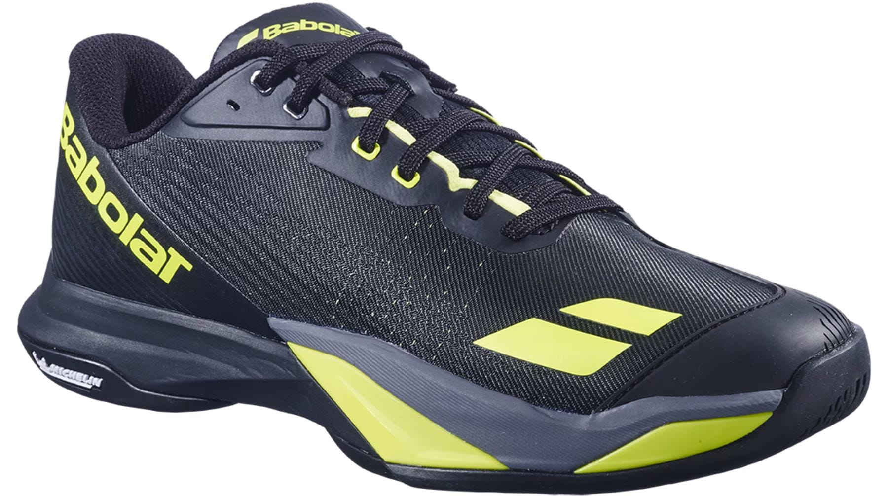 The Babolat Jet Mach 4 All Court Men's Tennis Shoes in Black/Aero feature yellow accents, a sturdy rubber sole for agility, and the Babolat logo on the side—designed for top performance on any court.