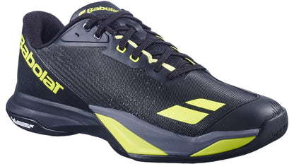 The Babolat Jet Mach 4 All Court Men's Tennis Shoes in Black/Aero feature yellow accents, a sturdy rubber sole for agility, and the Babolat logo on the side—designed for top performance on any court.