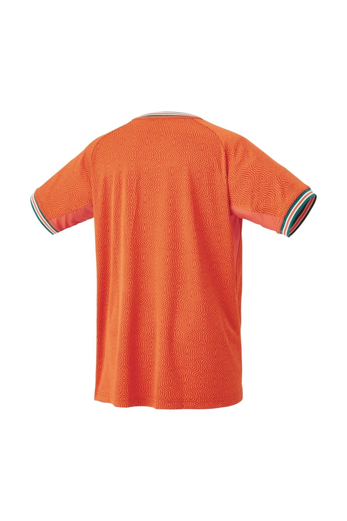 Back view of the Yonex 10560 Men's Tennis T-Shirt in bright orange, adorned with a subtle circular pattern. The collar and sleeve cuffs are highlighted with green, white, and red stripes. Designed with UV Reduction for protection, this stylish shirt seamlessly combines fashion and functionality.