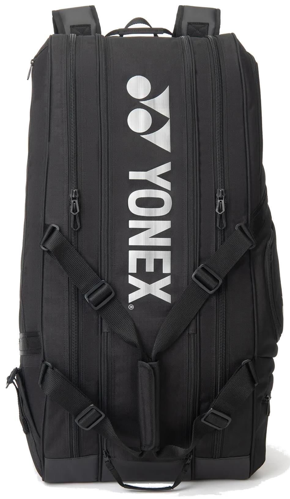 The Yonex BA72629EX Gearlogic 9 Racket Tennis Bag in black features multiple zippered compartments, padded shoulder straps, and a vertical white Yonex logo and text on the front.