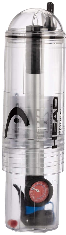 The HEAD X4 Pump Tennis Ball Pressuriser by HEAD is a transparent cylindrical device with a built-in pump and pressure gauge, designed to maintain tennis ball pressure and restore performance. Features the HEAD logo.