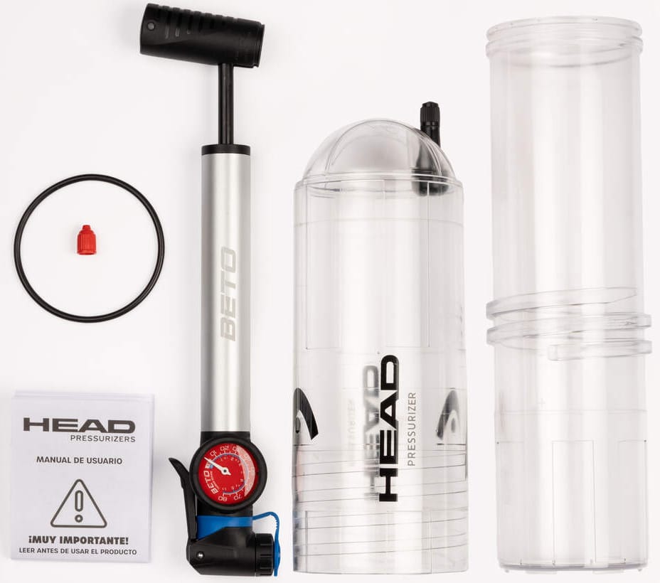 The HEAD X4 Pump Tennis Ball Pressuriser by HEAD includes a manual pump, pressure gauge, red valve, rubber ring, instruction manual, and two clear plastic containers with branding shown against a white background.