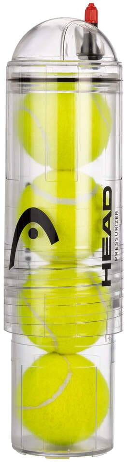 The HEAD X4 Pump Tennis Ball Pressuriser is a transparent cylindrical container with a red valve on top, designed to restore pressure in four yellow tennis balls, and features the HEAD logo printed on the side.